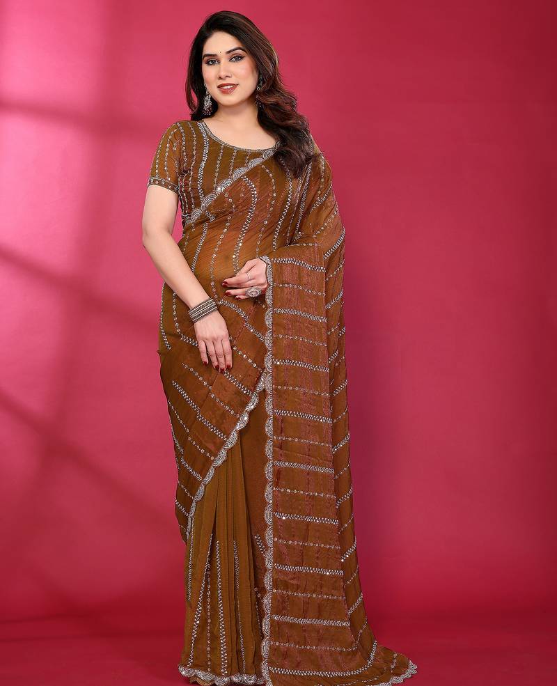 Brown fendy silk linear sequence beads work bollywood saree