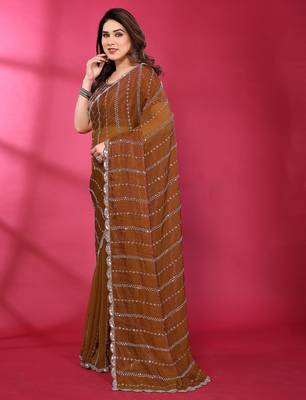 Brown fendy silk linear sequence beads work bollywood saree 2