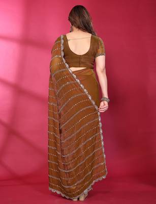 Brown fendy silk linear sequence beads work bollywood saree 4