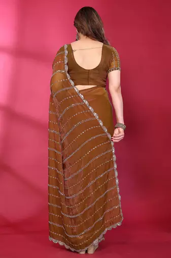 Brown fendy silk linear sequence beads work bollywood saree