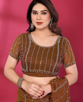 Brown fendy silk linear sequence beads work bollywood saree 5