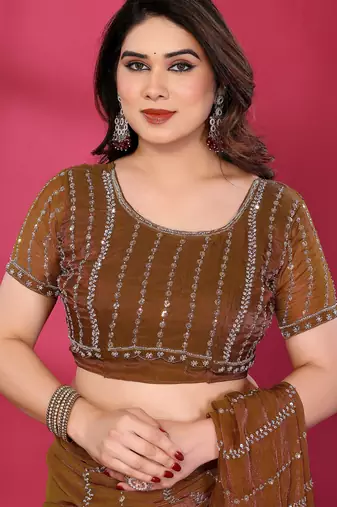 Brown fendy silk linear sequence beads work bollywood saree