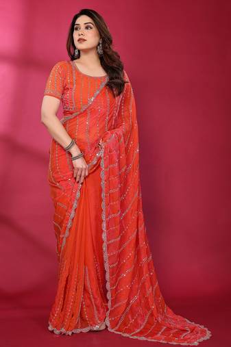 Carrot red fendy silk linear sequence beads work bollywood saree