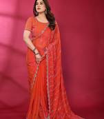 Carrot red fendy silk linear sequence beads work bollywood saree