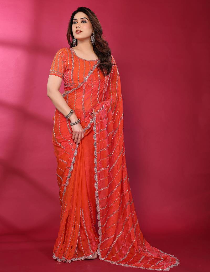 Carrot red fendy silk linear sequence beads work bollywood saree