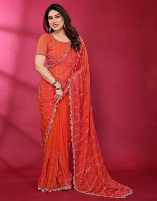Carrot red fendy silk linear sequence beads work bollywood saree 2