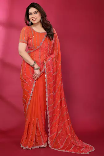 Carrot red fendy silk linear sequence beads work bollywood saree