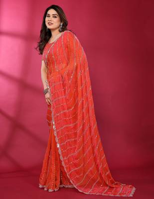 Carrot red fendy silk linear sequence beads work bollywood saree 3