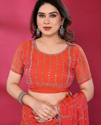 Carrot red fendy silk linear sequence beads work bollywood saree 5