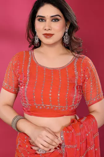 Carrot red fendy silk linear sequence beads work bollywood saree