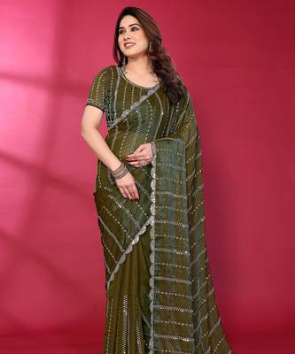 Green fendy silk linear sequence beads work bollywood saree 2