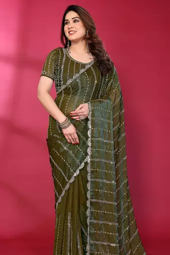 Green fendy silk linear sequence beads work bollywood saree