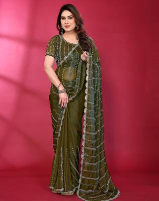 Green fendy silk linear sequence beads work bollywood saree 3