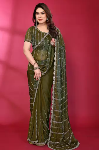 Green fendy silk linear sequence beads work bollywood saree