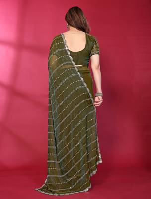 Green fendy silk linear sequence beads work bollywood saree 4