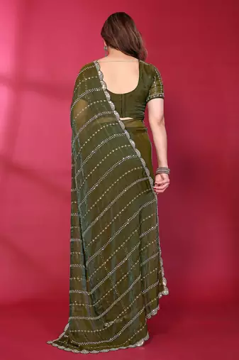 Green fendy silk linear sequence beads work bollywood saree
