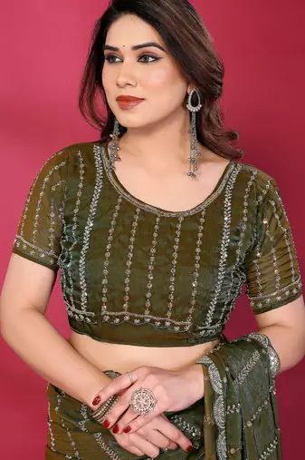 Green fendy silk linear sequence beads work bollywood saree