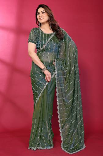 Teal fendy silk linear sequence beads work bollywood saree