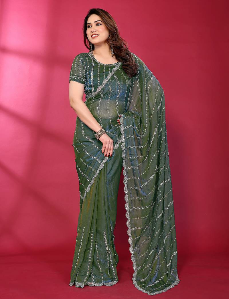 Teal fendy silk linear sequence beads work bollywood saree