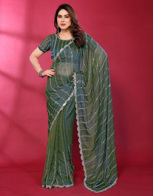 Teal fendy silk linear sequence beads work bollywood saree 2