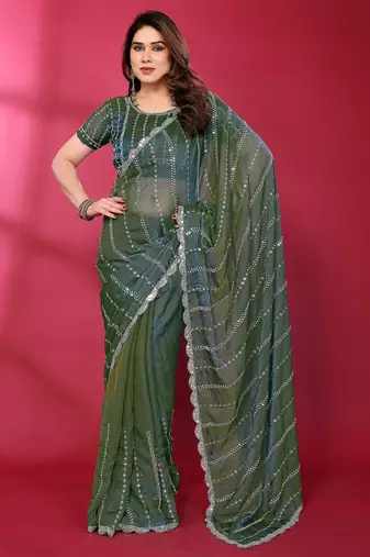Teal fendy silk linear sequence beads work bollywood saree
