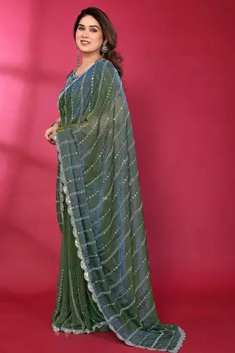 Teal fendy silk linear sequence beads work bollywood saree