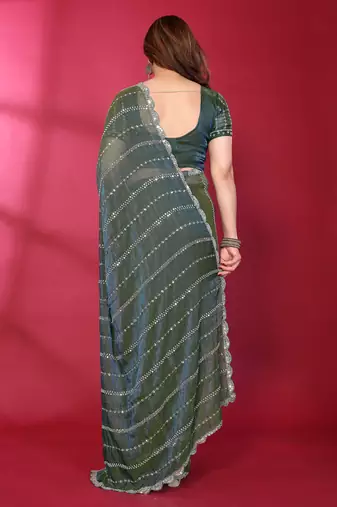 Teal fendy silk linear sequence beads work bollywood saree