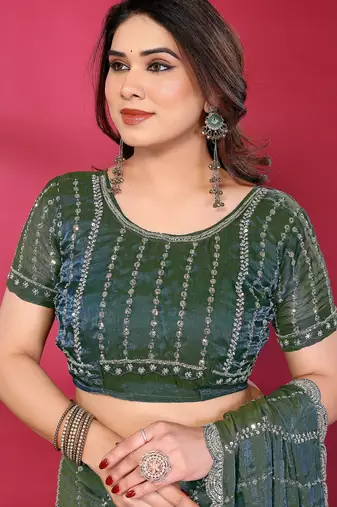 Teal fendy silk linear sequence beads work bollywood saree