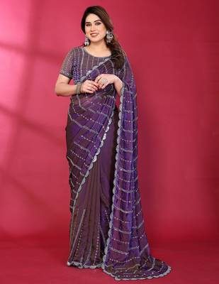Purple fendy silk linear sequence beads work bollywood saree 1