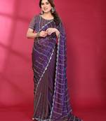 Purple fendy silk linear sequence beads work bollywood saree