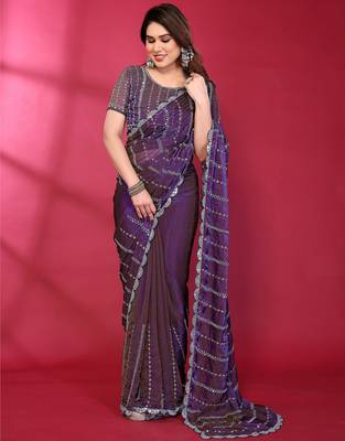 Purple fendy silk linear sequence beads work bollywood saree 2