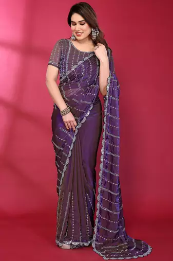 Purple fendy silk linear sequence beads work bollywood saree