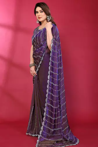 Purple fendy silk linear sequence beads work bollywood saree