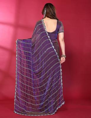 Purple fendy silk linear sequence beads work bollywood saree 4