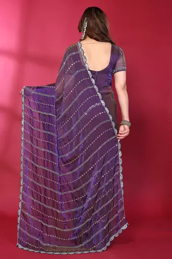 Purple fendy silk linear sequence beads work bollywood saree