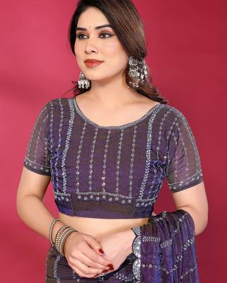 Purple fendy silk linear sequence beads work bollywood saree 5