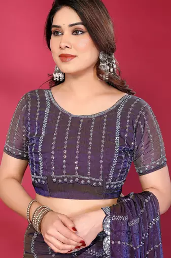 Purple fendy silk linear sequence beads work bollywood saree