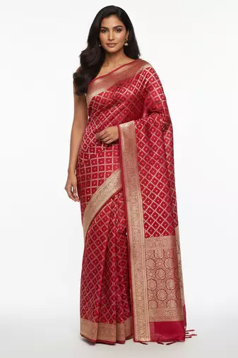 Red banarasi silk saree with blouse piece.