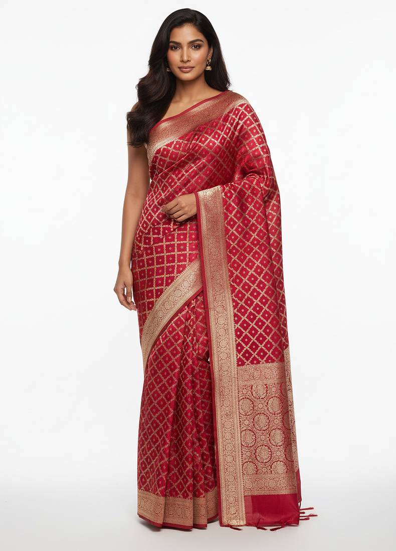 Red banarasi silk saree with blouse piece.