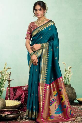 Teal blue silk blend peacock motifs weaving paithani saree