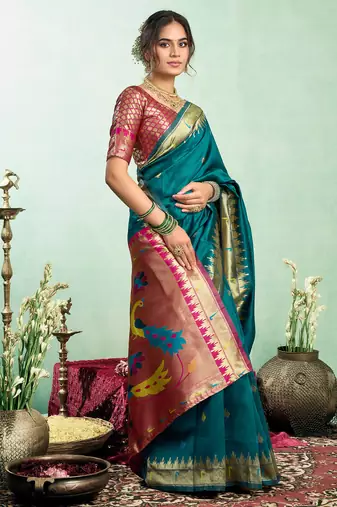 Teal blue silk blend peacock motifs weaving paithani saree