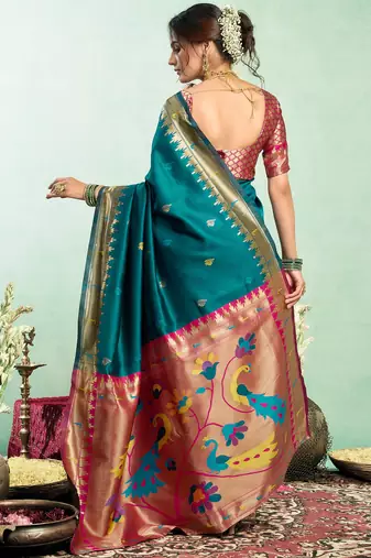 Teal blue silk blend peacock motifs weaving paithani saree