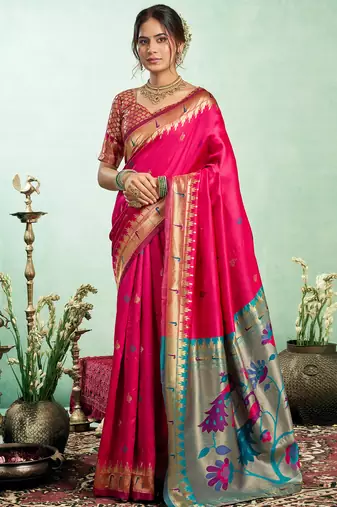 Pink silk blend peacock motifs weaving paithani saree
