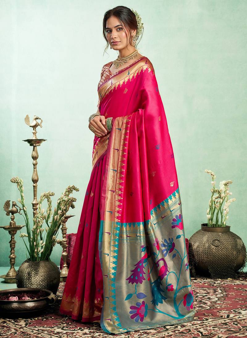 Pink silk blend peacock motifs weaving paithani saree