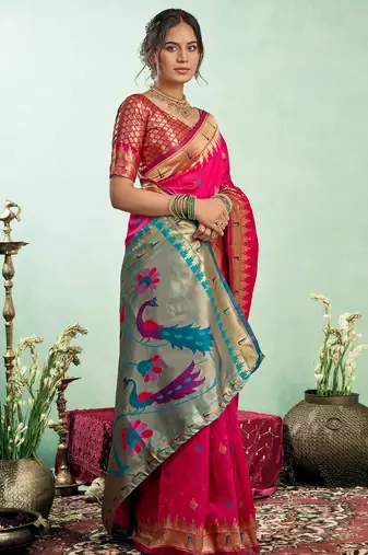 Pink silk blend peacock motifs weaving paithani saree