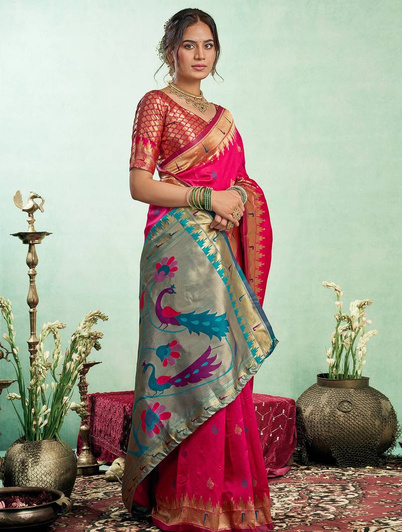 Pink silk blend peacock motifs weaving paithani saree