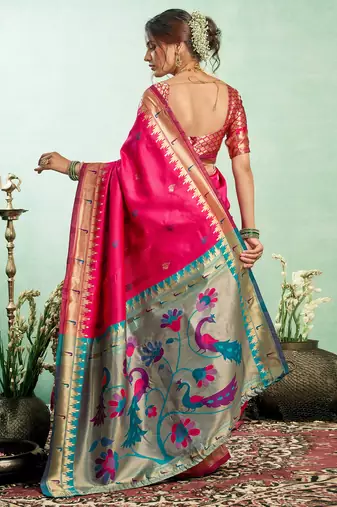 Pink silk blend peacock motifs weaving paithani saree