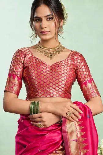 Pink silk blend peacock motifs weaving paithani saree