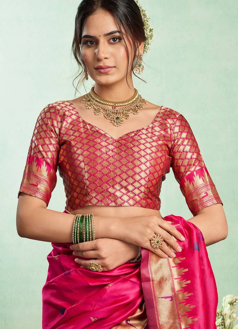 Pink silk blend peacock motifs weaving paithani saree