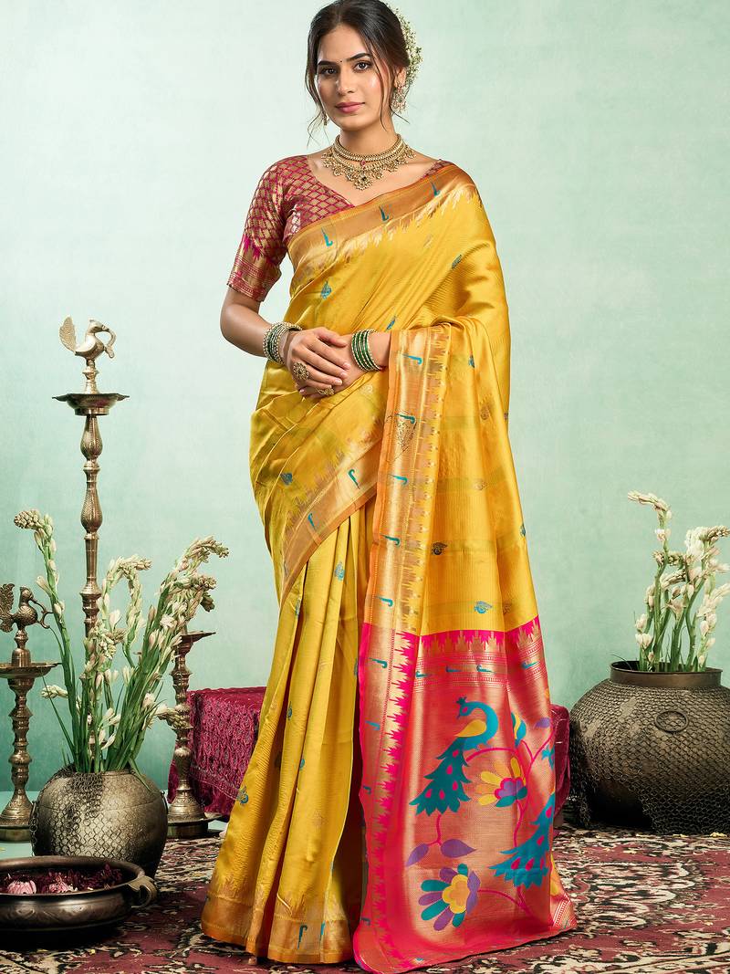 Yellow silk blend peacock motifs weaving paithani saree